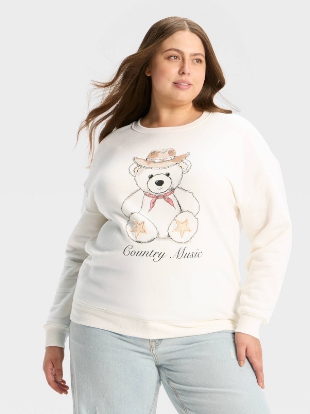 Women's Country Music Teddy Bear Graphic Sweatshirt - White 1X